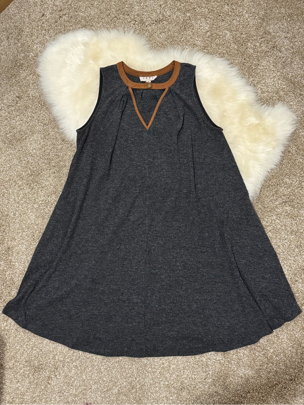 THML Women’s Sleeveless Charcoal A-Line Dress with Tan Suede Trim Size S